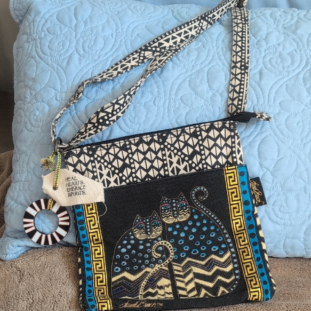 Laurel Burch Black and Blue Cat Crossbody Bag